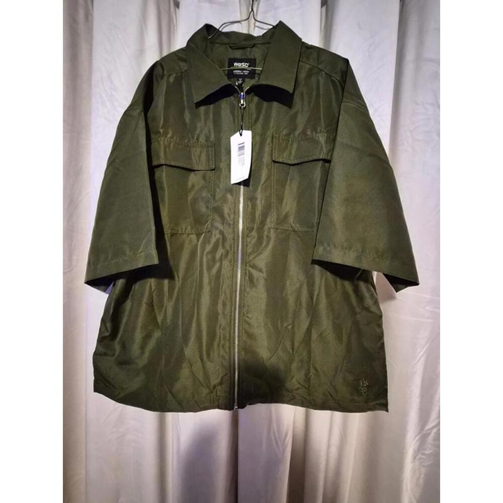 WeSC Olive Green Zip-Up Shirt with Short Sleeves
